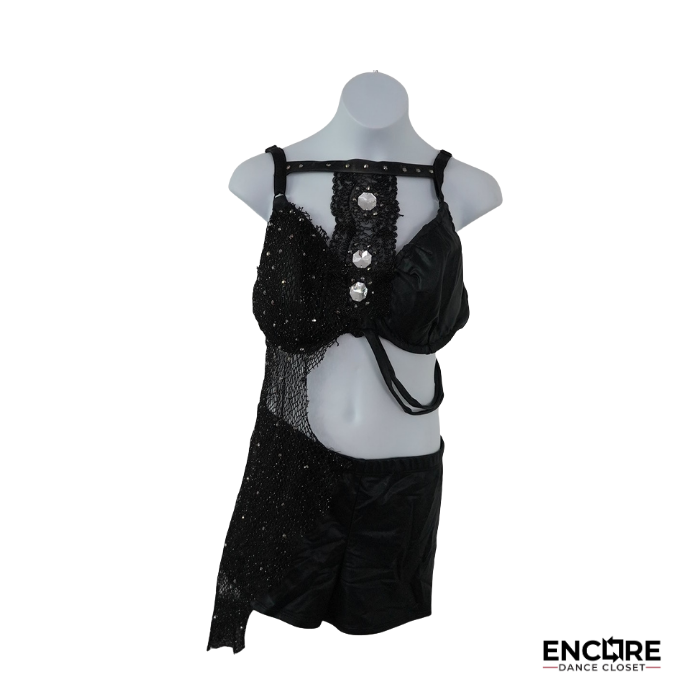 Black Fishnet & Rhinestone Dance Costume  two piece