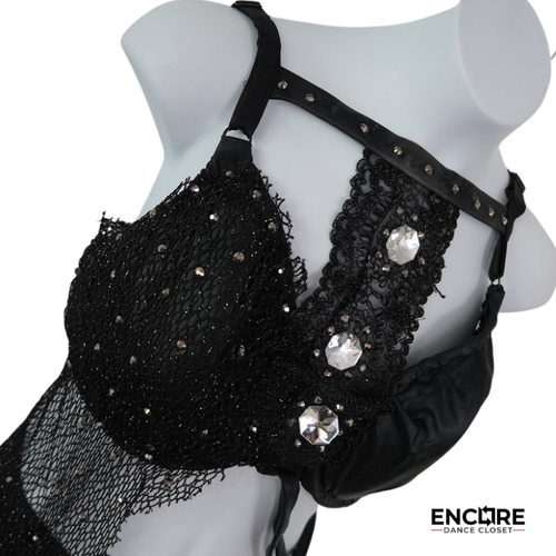 Black Fishnet & Rhinestone Dance Costume  two piece