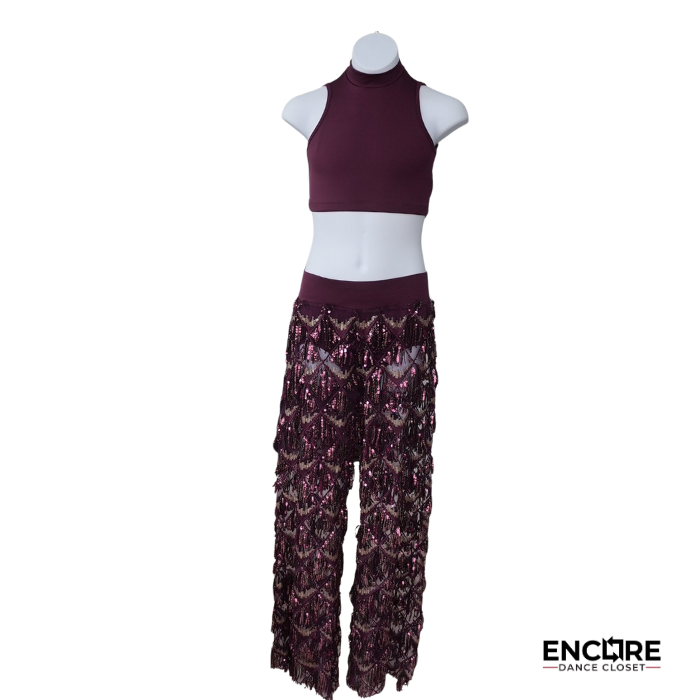 Burgundy Sequin Fringe Two-Piece Jazz Costume with High-Neck Crop Top  two piece