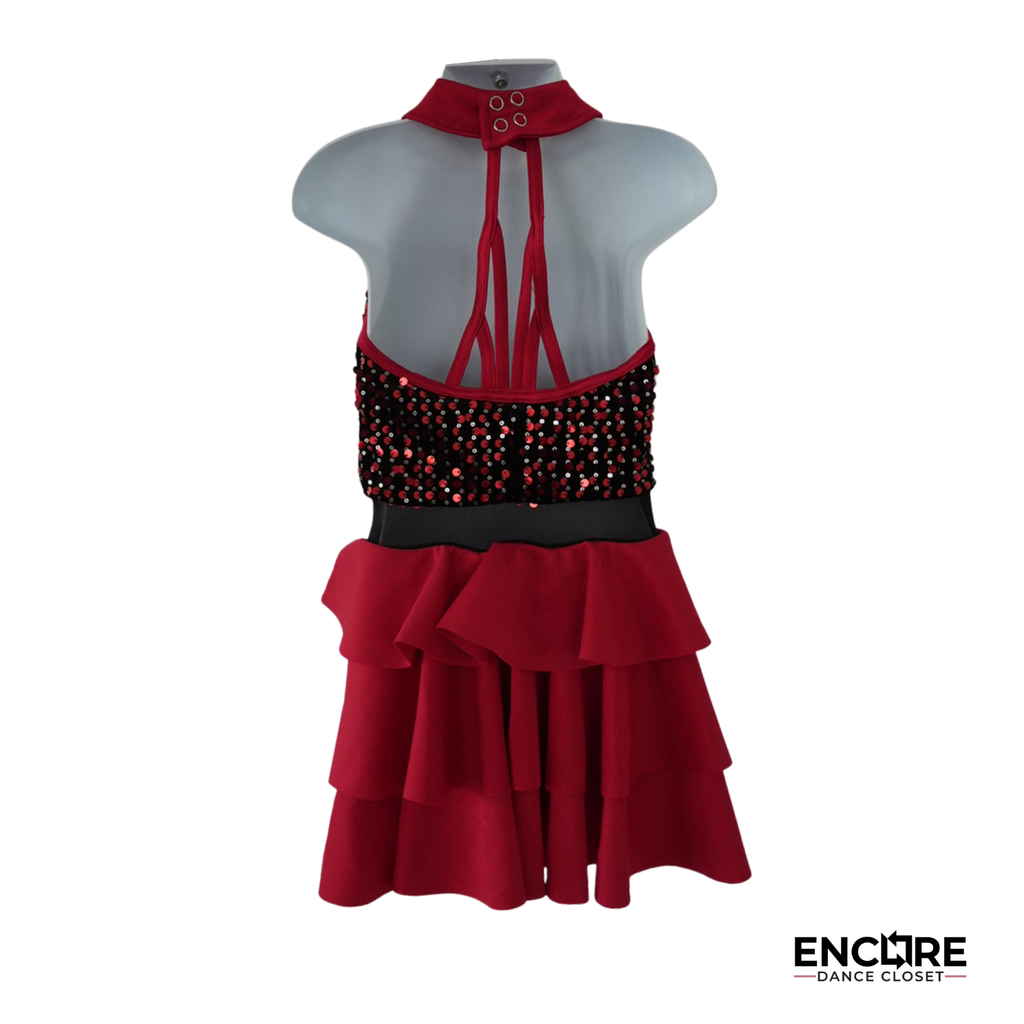Red & Black Sequin Halter Costume with Tie Detail  leotard