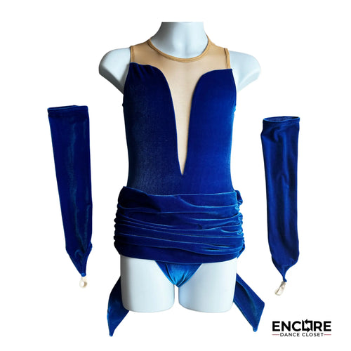 Royal Blue Velvet Unitard with Mesh and Bow Detail - dance leotard