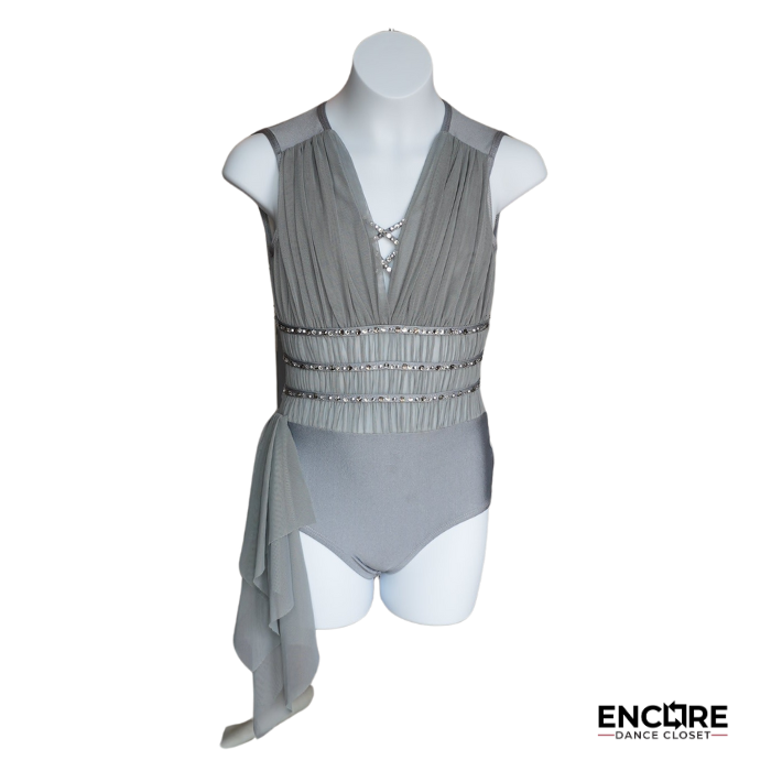 Gray Leotard with Rhinestones and Draped Mesh Skirt