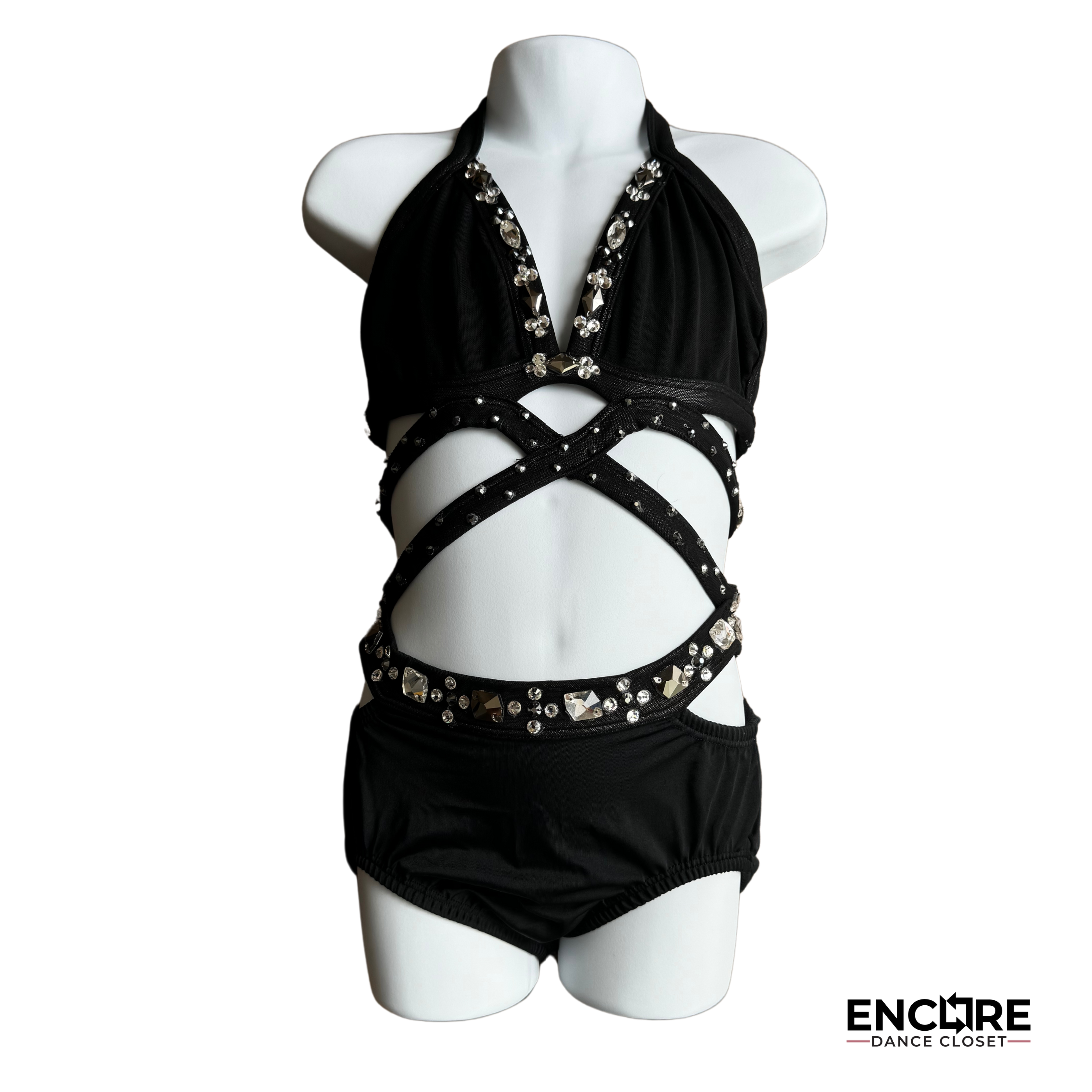Elegant Black Strappy Leotard with Rhinestone Embellishments - Encore Dance Closet