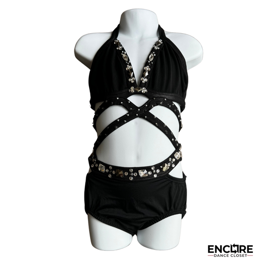 Elegant Black Strappy Leotard with Rhinestone Embellishments