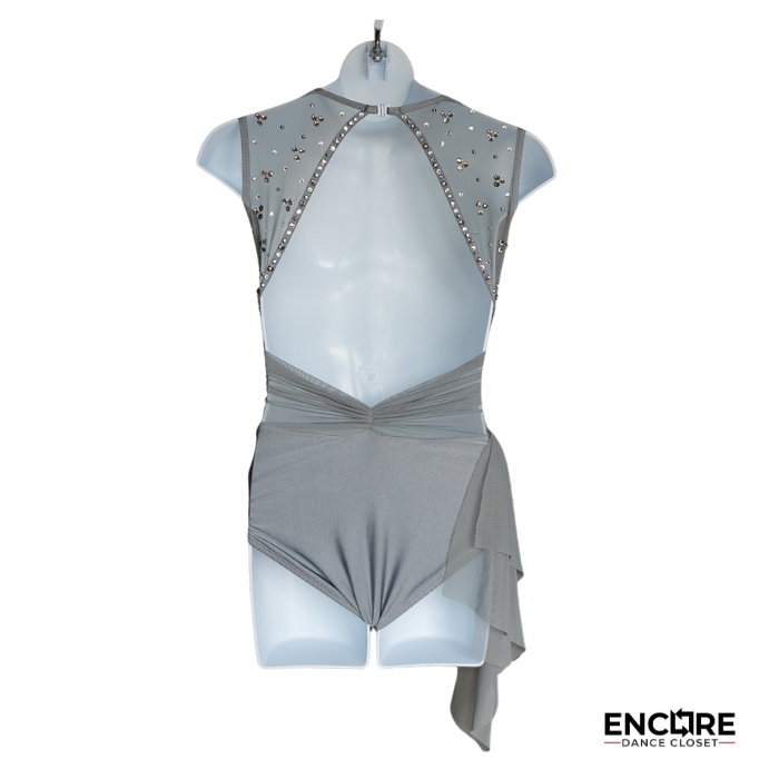 Gray Leotard with Rhinestones and Draped Mesh Skirt