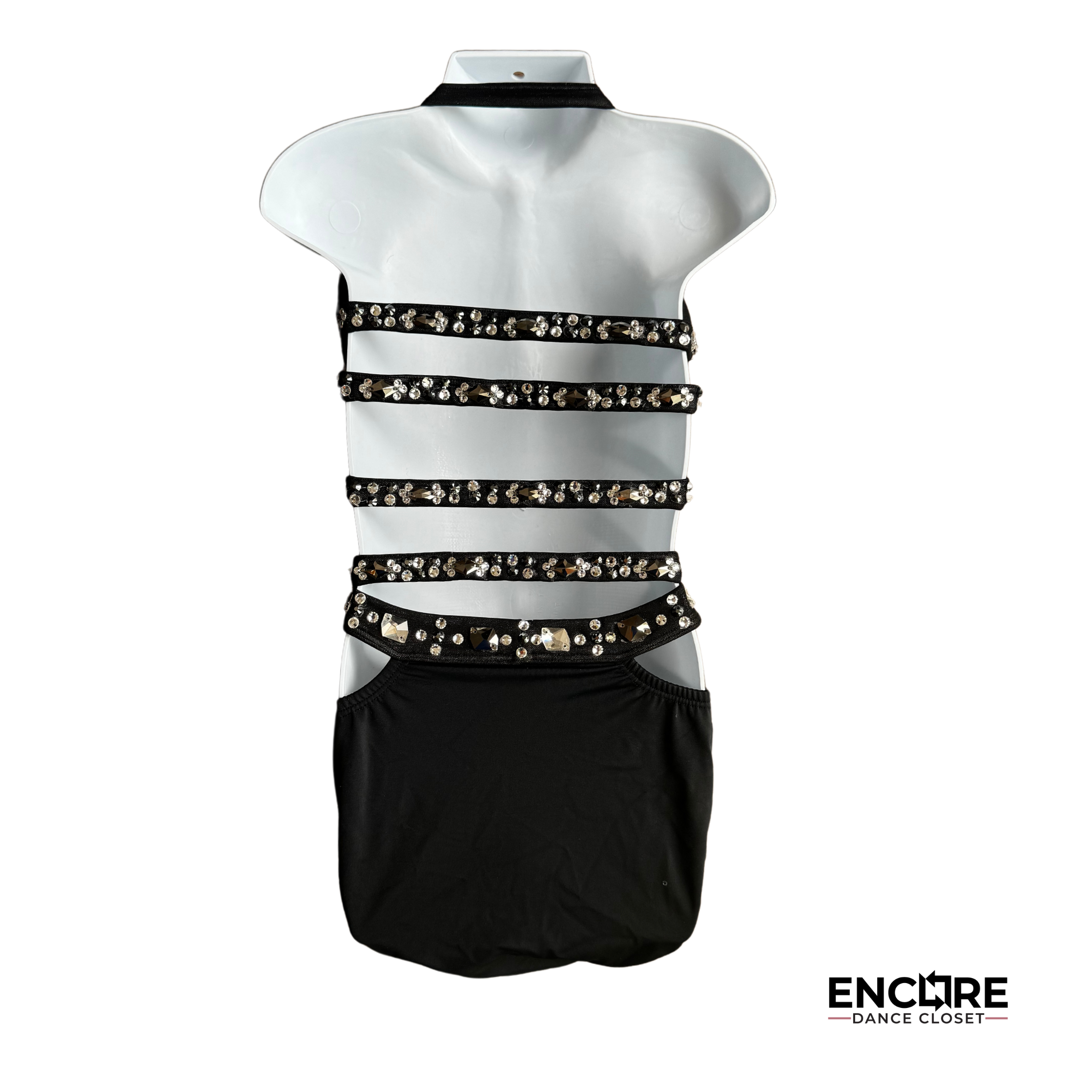 Elegant Black Strappy Leotard with Rhinestone Embellishments - Encore Dance Closet