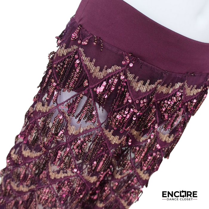 Burgundy Sequin Fringe Two-Piece Jazz Costume with High-Neck Crop Top  two piece