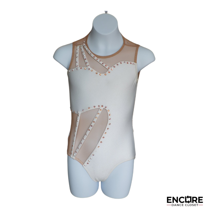 White Leotard with Nude Mesh and Rhinestone Borders