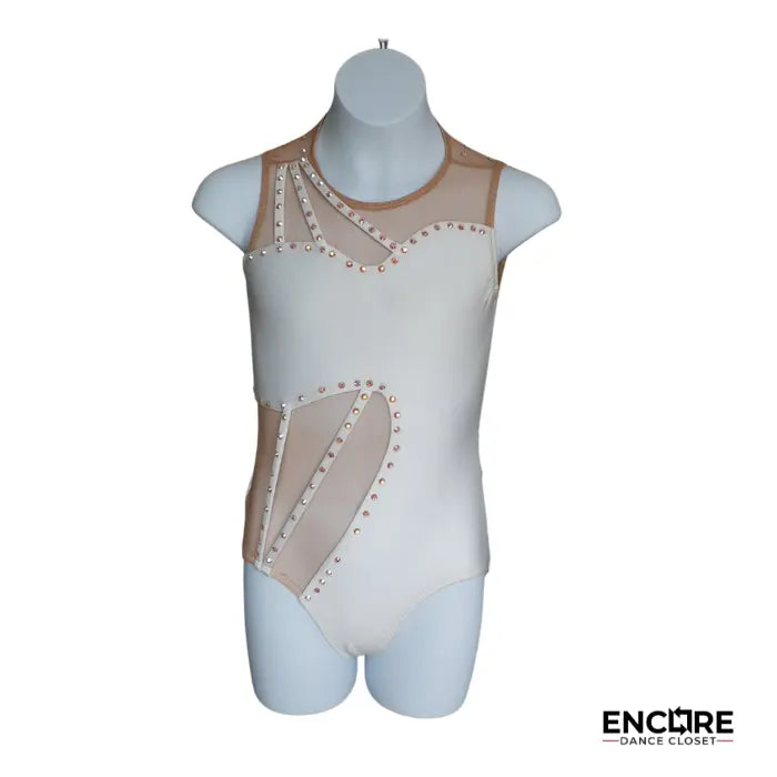 White Leotard with Nude Mesh and Rhinestone Borders  leotard