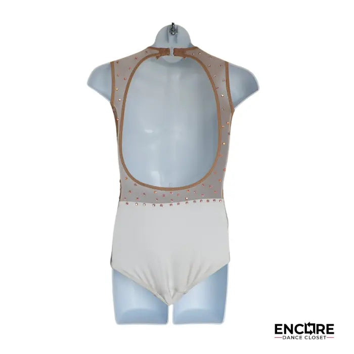 White Leotard with Nude Mesh and Rhinestone Borders  leotard