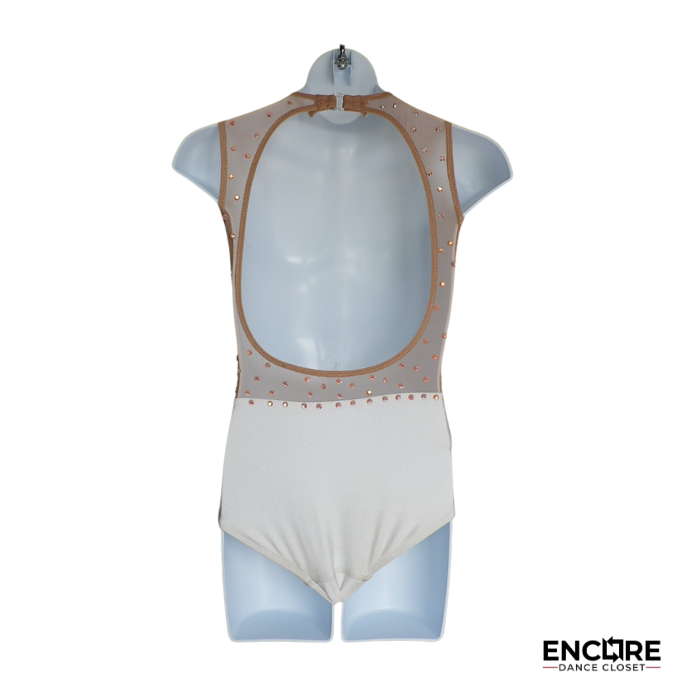 White Leotard with Nude Mesh and Rhinestone Borders