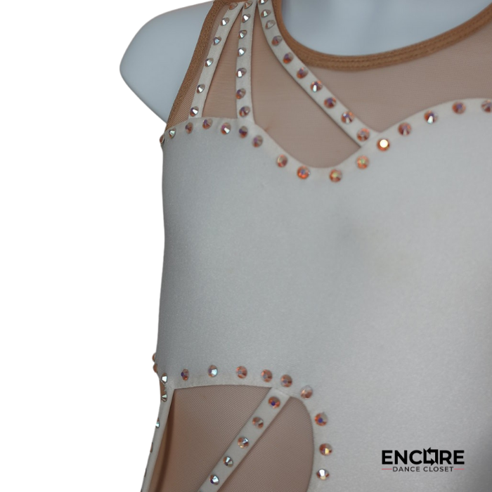 White Leotard with Nude Mesh and Rhinestone Borders