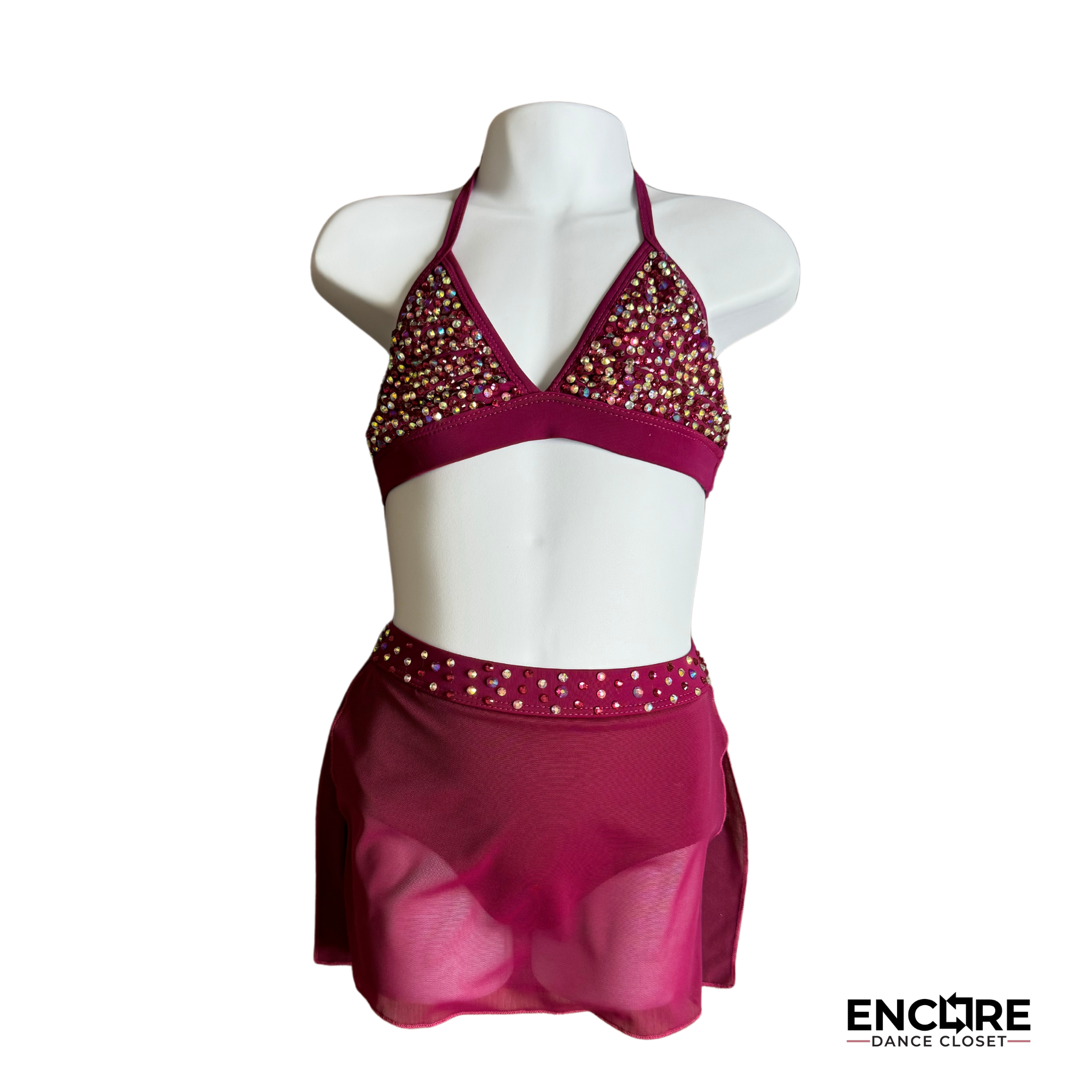 Rhinestone-Covered Purple Bikini Set with Skirt Panels - Encore Dance Closet