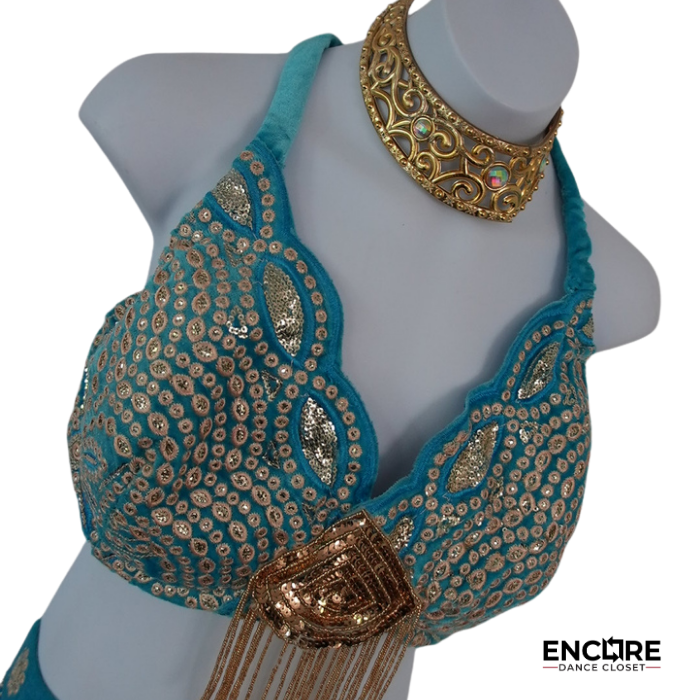 Turquoise & Gold Bejeweled Two-Piece Dance Costume  two piece