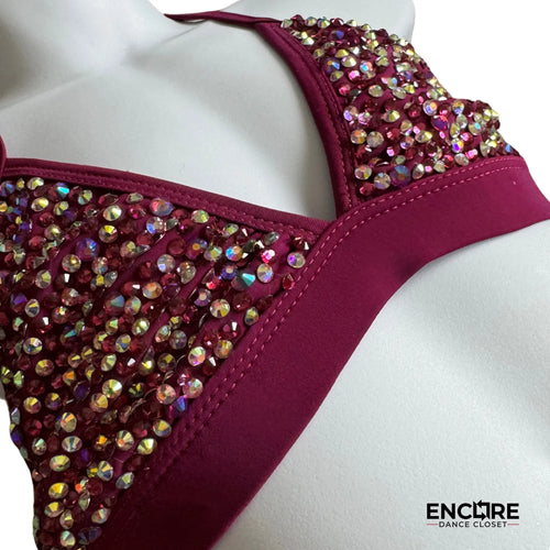 Rhinestone-Covered Purple Bikini Set with Skirt Panels - two-piece dance costume
