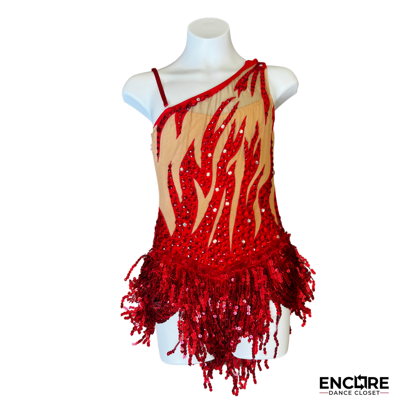 Fiery Red Rhinestone and Sequin Fringe Leotard