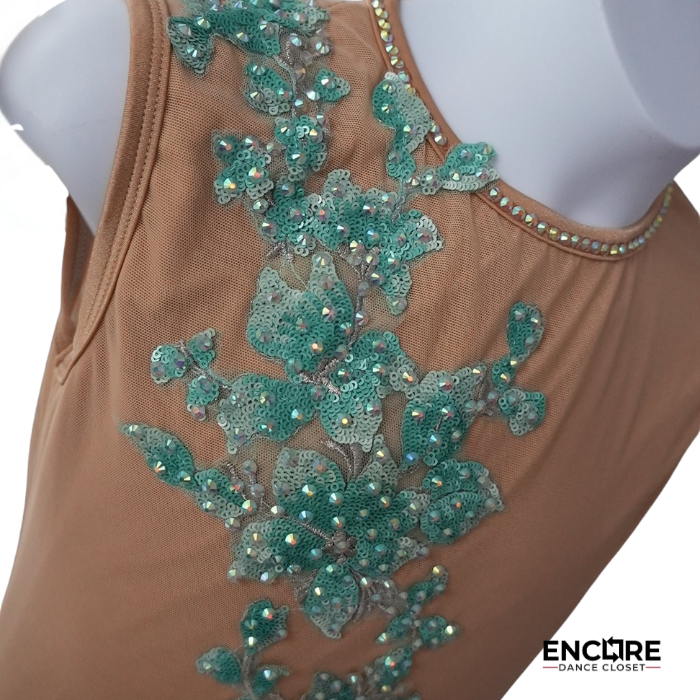Nude & Aqua Contemporary Leotard with Sequin Appliqué and Mesh Skirt  leotard