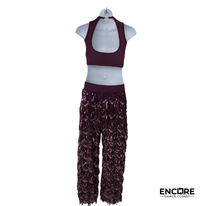 Burgundy Sequin Fringe Two-Piece Jazz Costume with High-Neck Crop Top  two piece