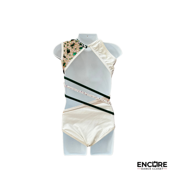 Versatile White and Green Leotard with Rhinestones