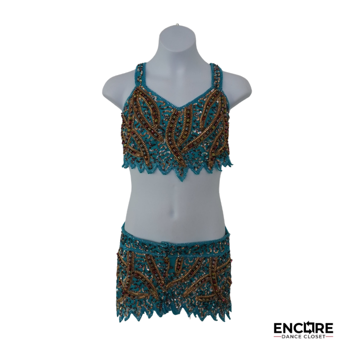 Turquoise & Gold Beaded Two-Piece Dance Costume  two piece