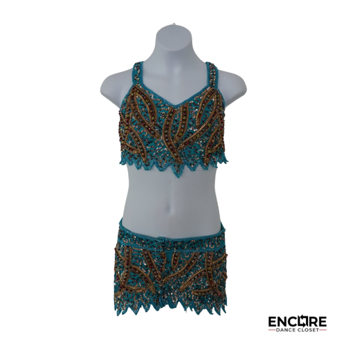 Turquoise & Gold Beaded Two-Piece Dance Costume  two piece