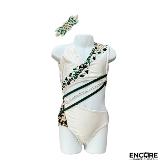 Versatile White and Green Leotard with Rhinestones