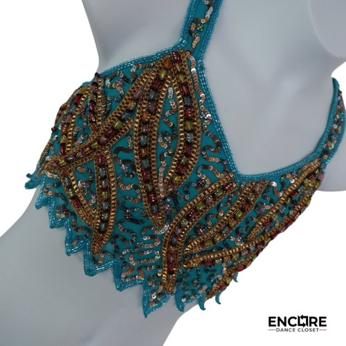 Turquoise & Gold Beaded Two-Piece Dance Costume  two piece