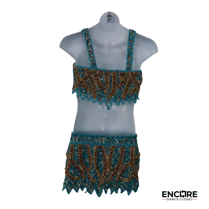 Turquoise & Gold Beaded Two-Piece Dance Costume  two piece