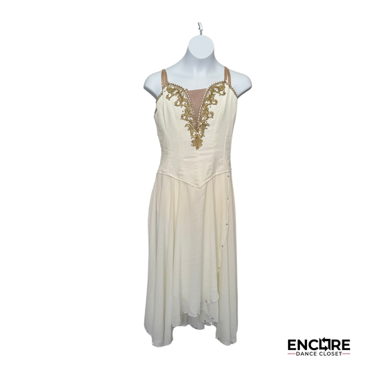 Elegant Long White Dress with Gold Appliqués