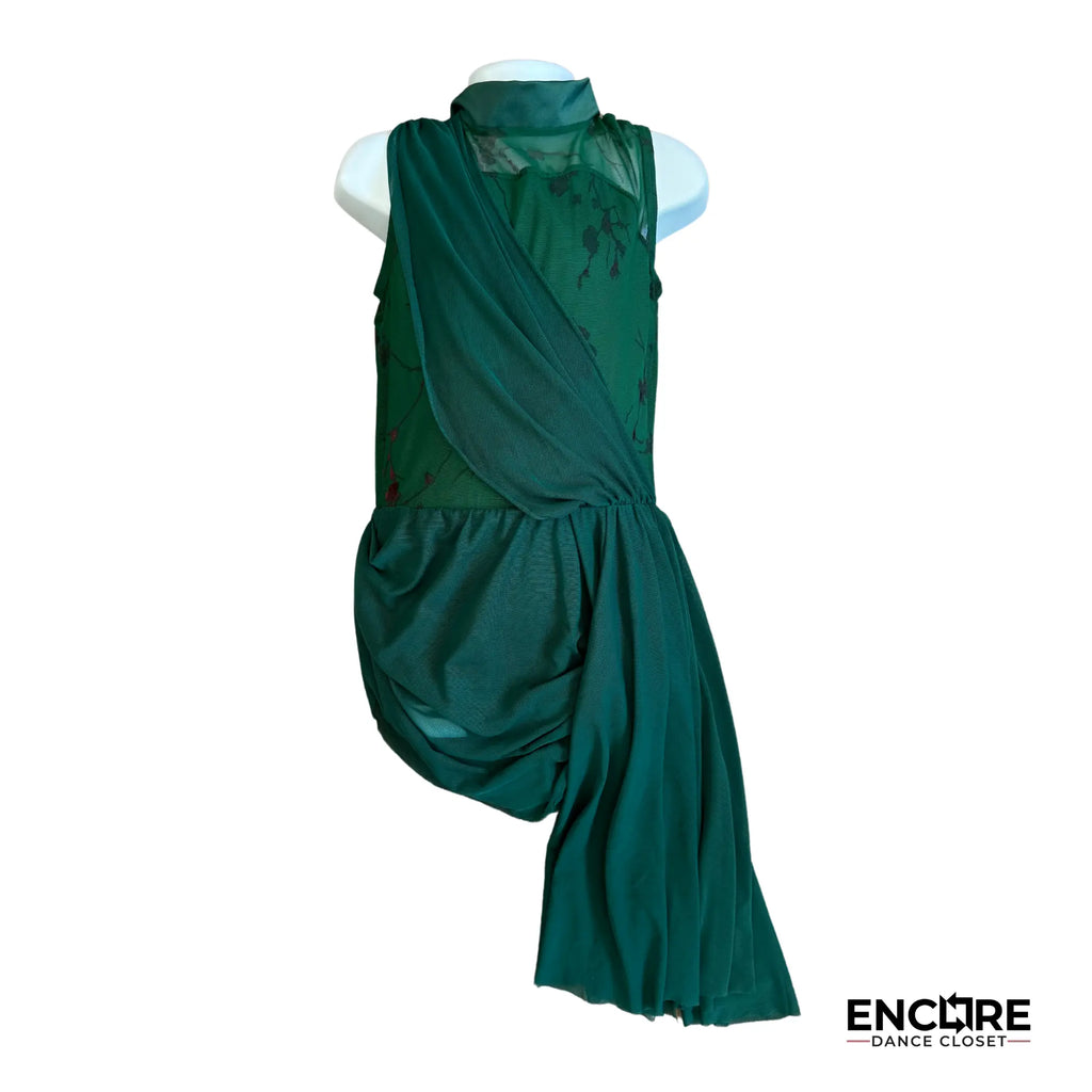 Dark Green Leotard with Mesh Skirt and Floral Accents  leotard