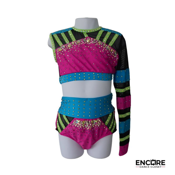 Neon Pink & Teal One-Sleeve Jazz Costume with Rhinestones and Mesh Detail  two piece