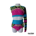 Neon Pink & Teal One-Sleeve Jazz Costume with Rhinestones and Mesh Detail  two piece