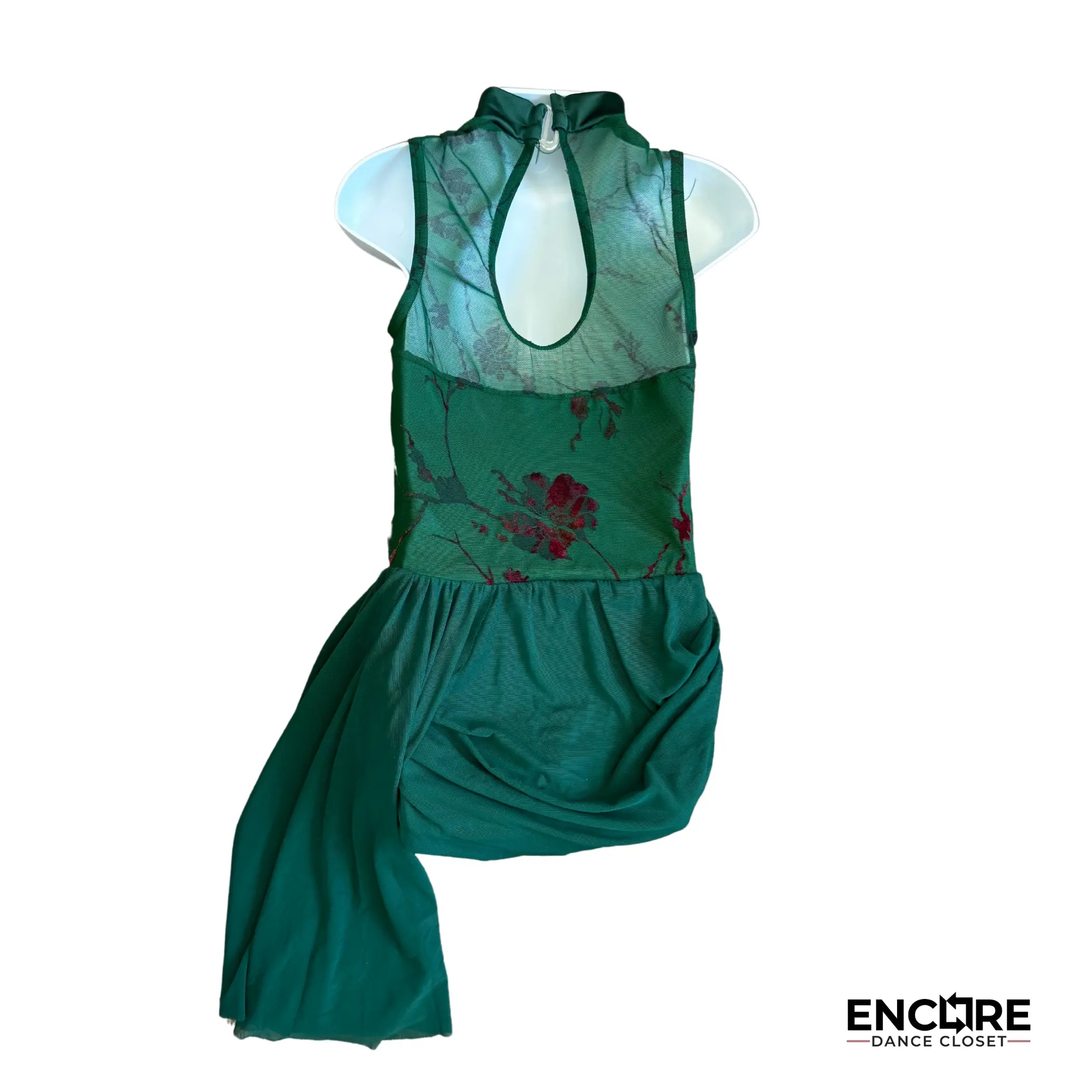 Dark Green Leotard with Mesh Skirt and Floral Accents  leotard