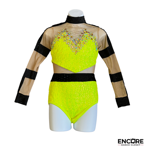 Neon Yellow Sequin Leotard with Black Rhinestone Accents