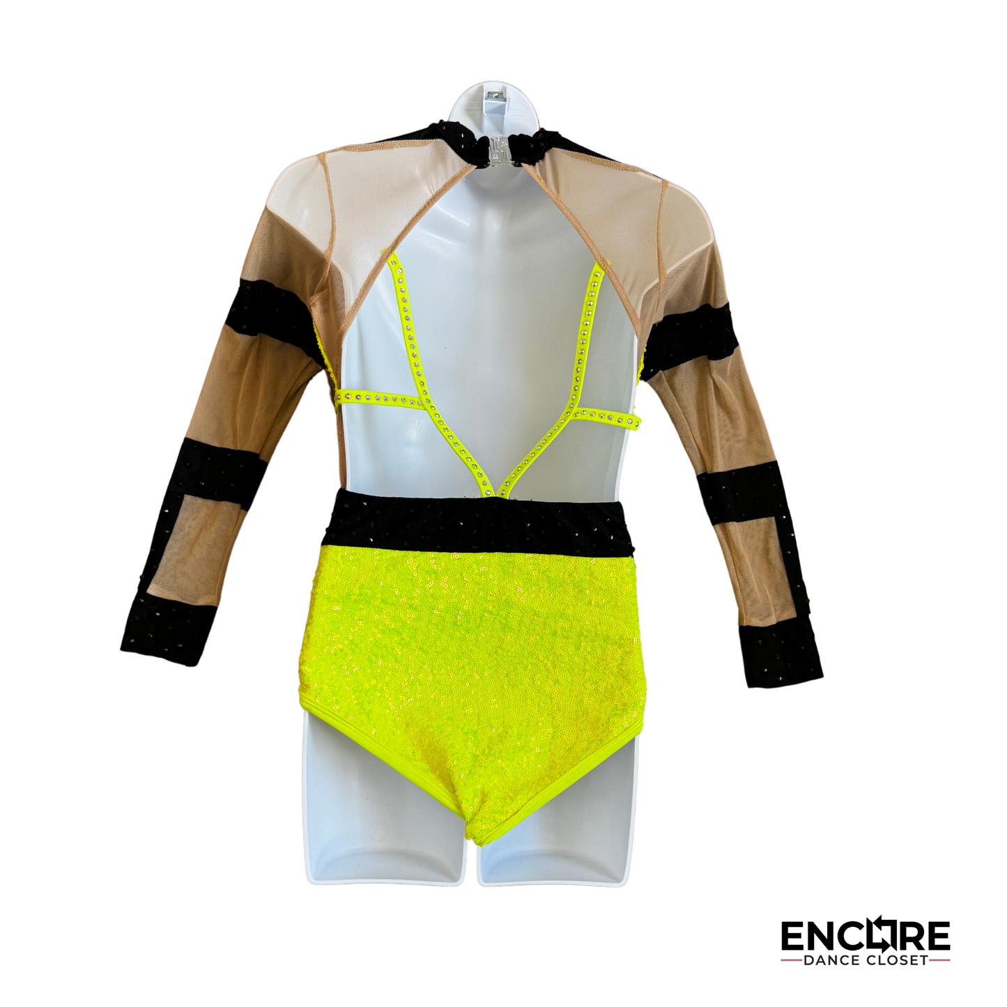 Neon Yellow Sequin Leotard with Black Rhinestone Accents