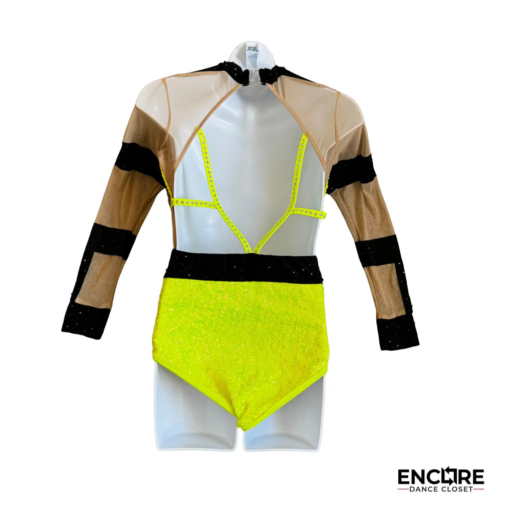 Neon Yellow Sequin Leotard with Black Rhinestone Accents - dance leotard