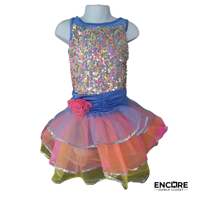 Rainbow Sequin Dance Costume with Two Skirts  biketard