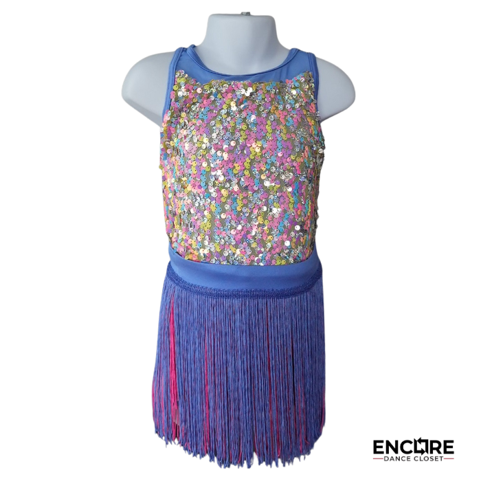 Rainbow Sequin Dance Costume with Two Skirts  biketard