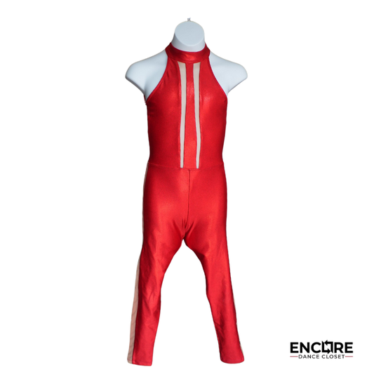 Shiny Red Sleeveless Unitard with Mesh Panels