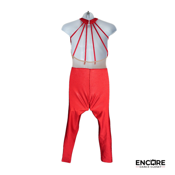 Shiny Red Sleeveless Unitard with Mesh Panels