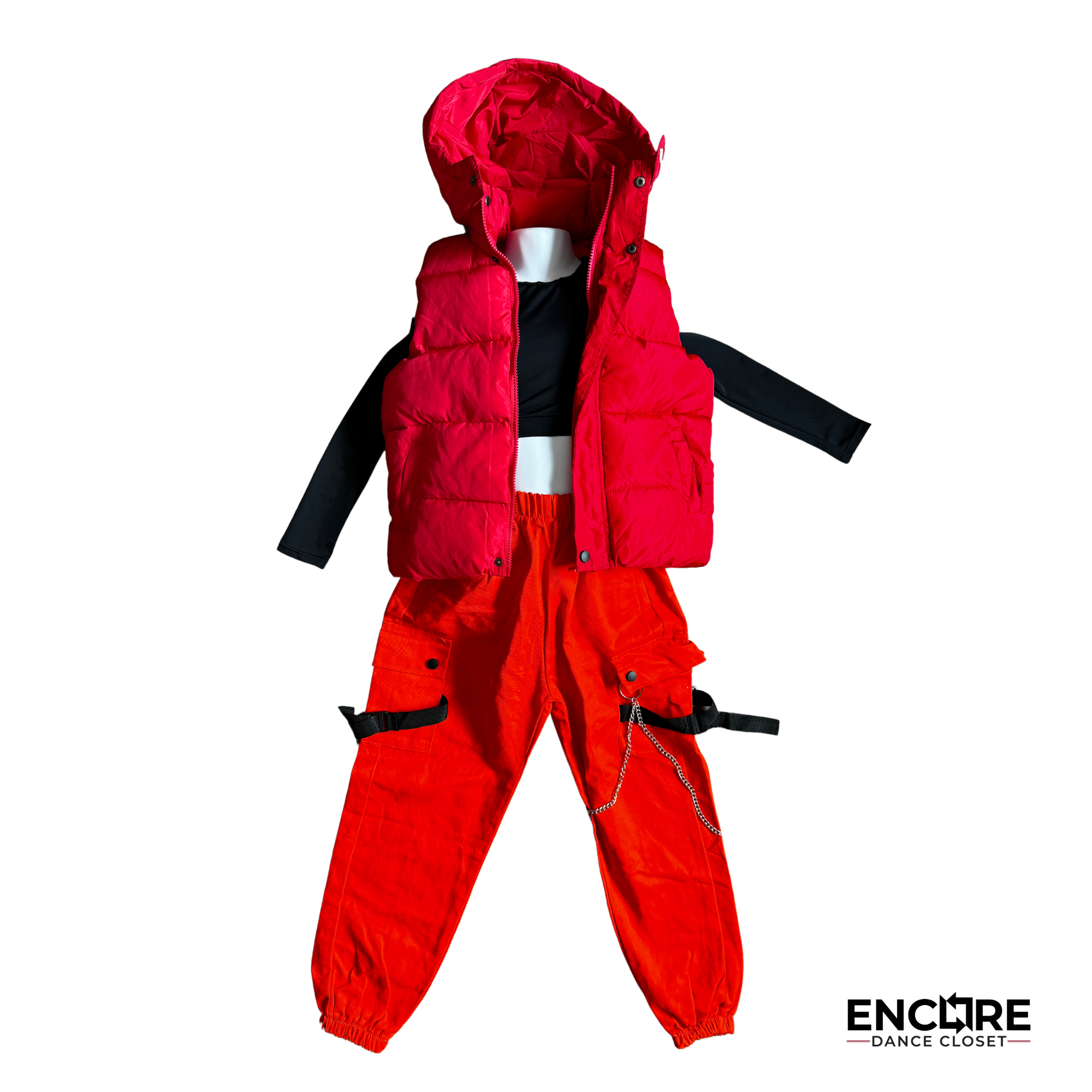 Bold Hip-Hop Set with Orange Pants & Red Puffer Vest - Encore Dance Closet