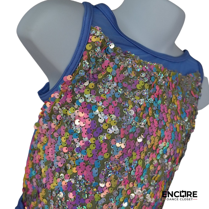 Rainbow Sequin Dance Costume with Two Skirts  biketard