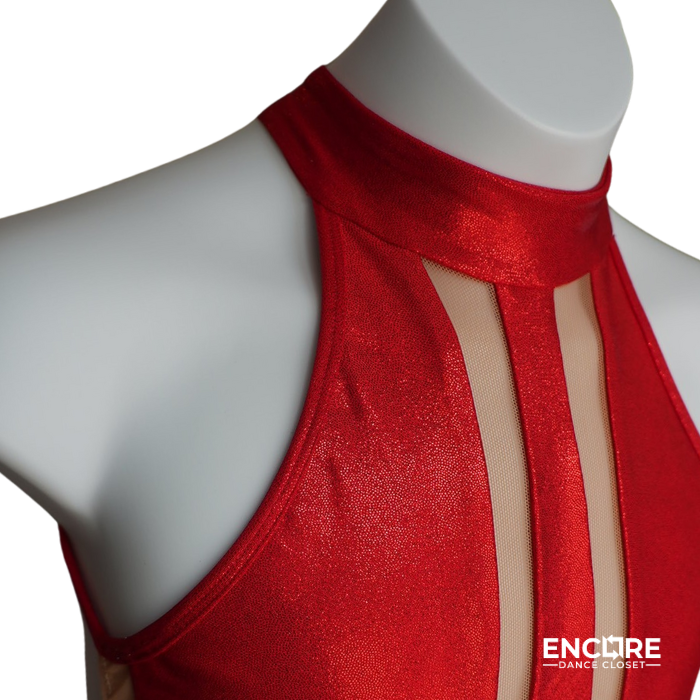 Shiny Red Sleeveless Unitard with Mesh Panels