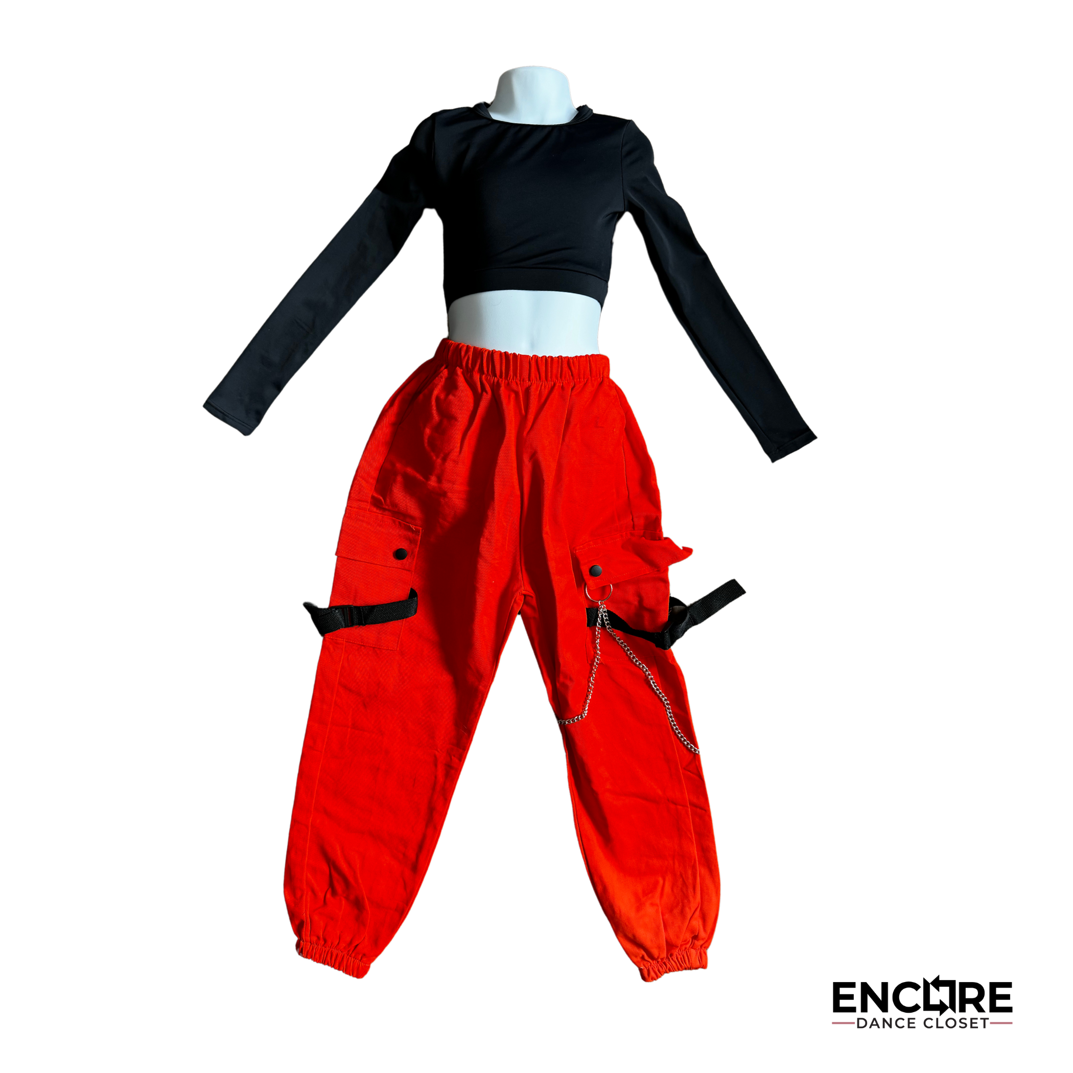 Bold Hip-Hop Set with Orange Pants & Red Puffer Vest - Encore Dance Closet