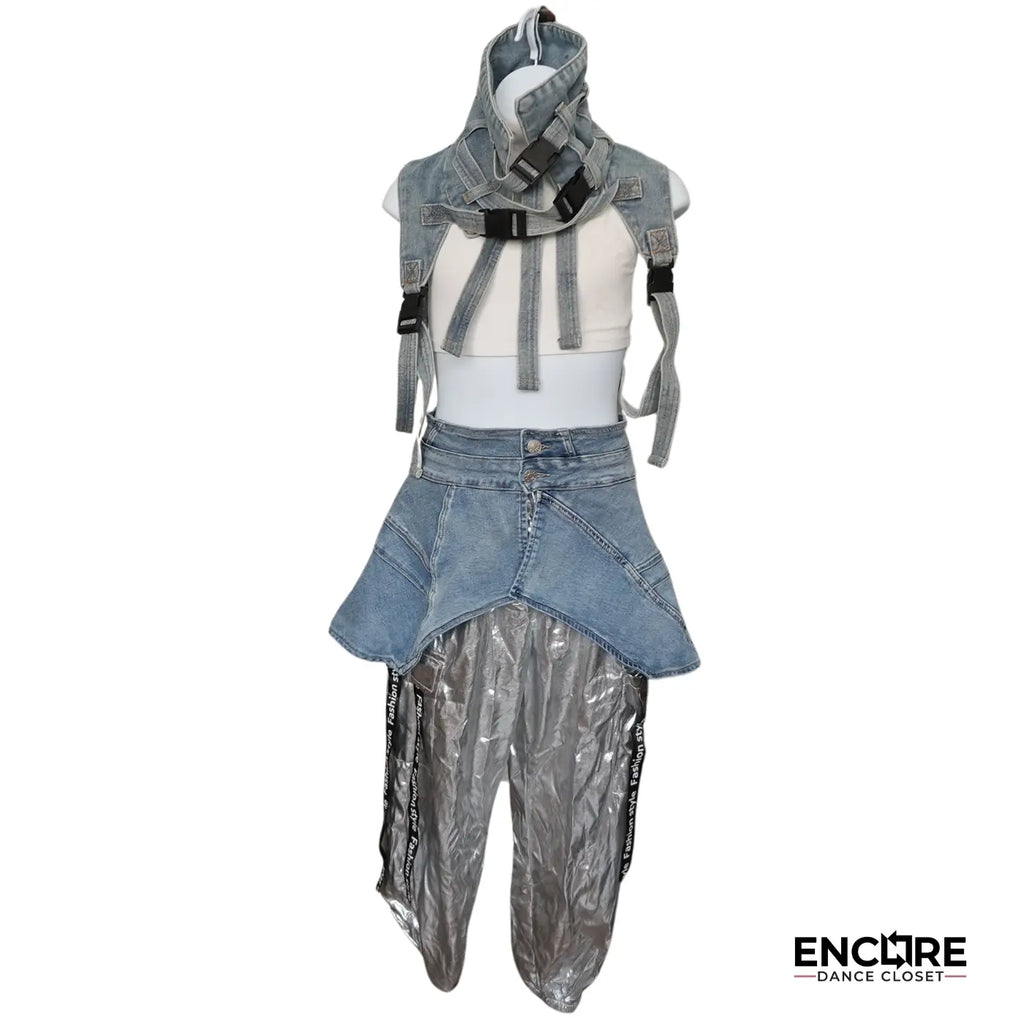 Silver Hip Hop Pants with Denim Accessories  pants