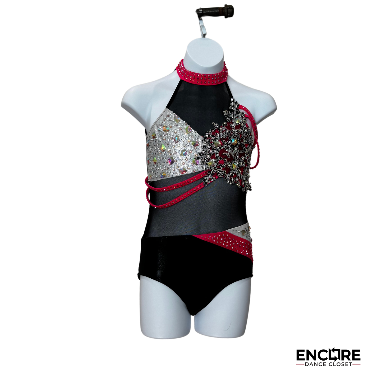 Bold Black Leotard with Pink & White Rhinestone Accents