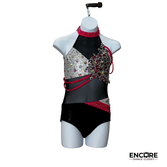 Bold Black Leotard with Pink & White Rhinestone Accents