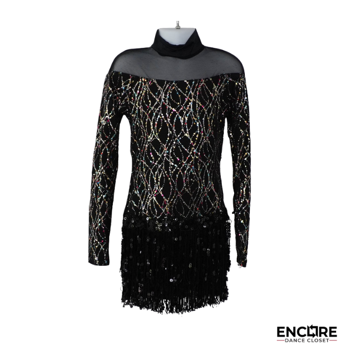 Black Sequin Fringe Mock Neck Jazz Costume  biketard