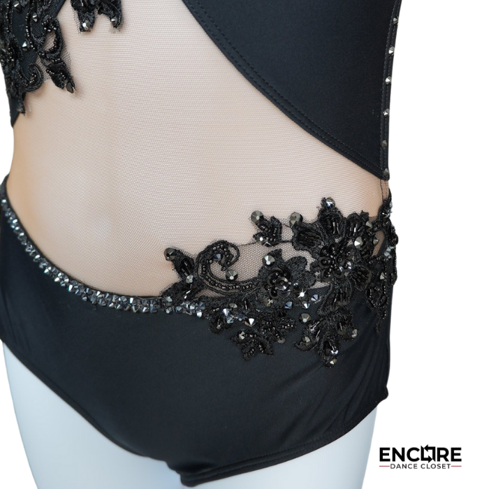 Black Halter Leotard with Fringe and Rhinestones