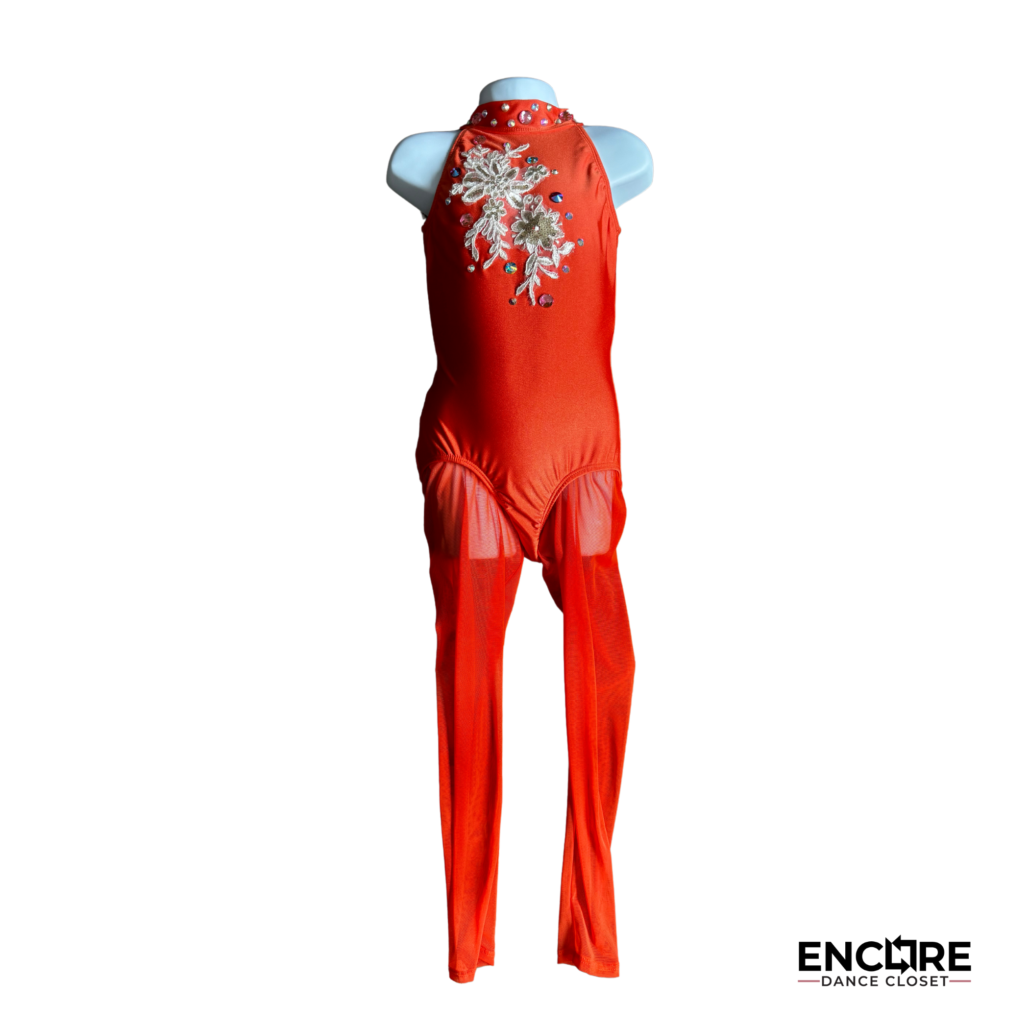 Orange Mesh Unitard with White Appliqué - Encore Dance Closet